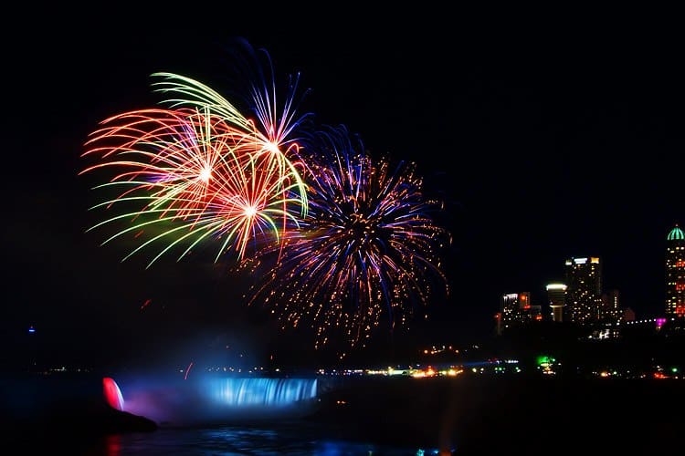 Fireworks light the sky above Niagara Falls